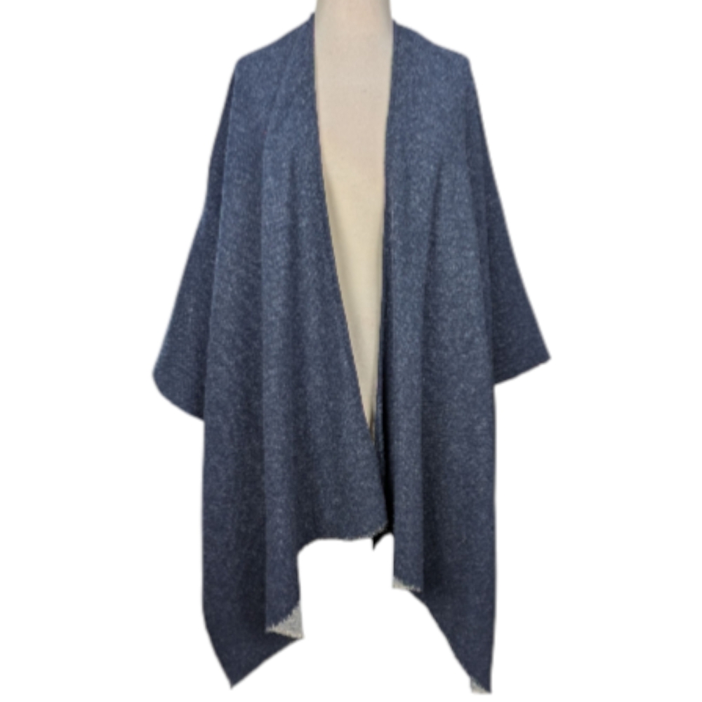 Cozy Navy Wool Blend, Open Front Cottage Core Ruana (Poncho) Made In Italy